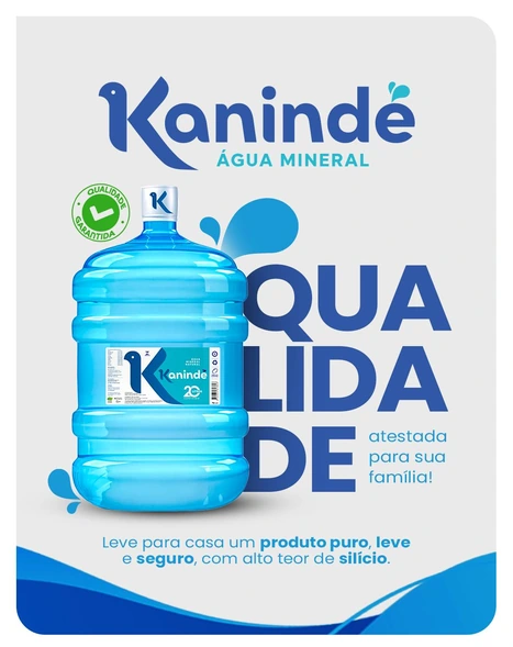 Material promocional autorizado da água mineral Kanindé, com galão de 20 litros.